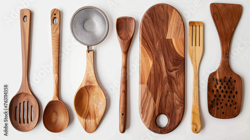 Wooden scoop spoon strainer spatula and cutting board photo