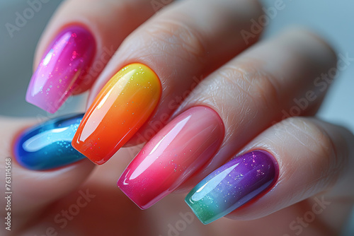 Women's fingertips and nails show off their beauty with stylish and cool nail art designs. Makeup and cosmetics concept.