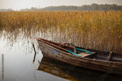 old wooden boat on the lake in autumn  yellowed grass  sunny autumn days on the lake 