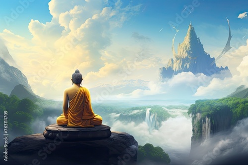 The Buddha meditated on the day the sky was bright and beautifully natural and copy space - generative ai © Nia™
