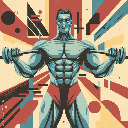 red white black modern style minimalist lines of a strong muscle pose strong body builder anatomy man at gym with bundle Doing exercises in all body positions using different gym equipment