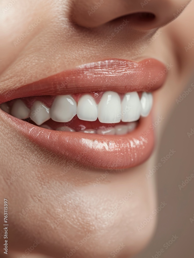 Fototapeta premium Dental care concept, hollywood smile, perfect teeth, lush woman lips, close up photo, professional photography