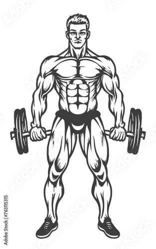 red white black modern style minimalist lines of a strong muscle pose strong body builder anatomy man at gym with bundle Doing exercises in all body positions using different gym equipment