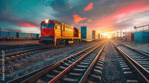 Freight locomotive, railroad, business logistics concept, containers, photo for advertising, free background for text