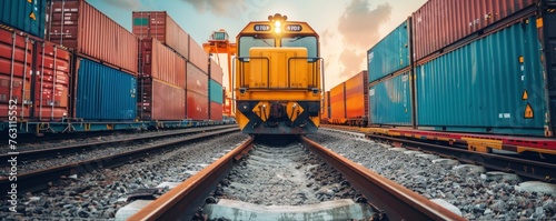 Freight locomotive, railroad, business logistics concept, containers, beautiful background, photo for advertising, free space for text