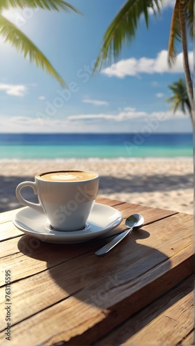 cup of coffee on the beach, ai generated