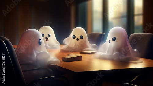 Cute little ghosts convening in a meeting roomphotograph, realistic, isolated, fantasy, cute