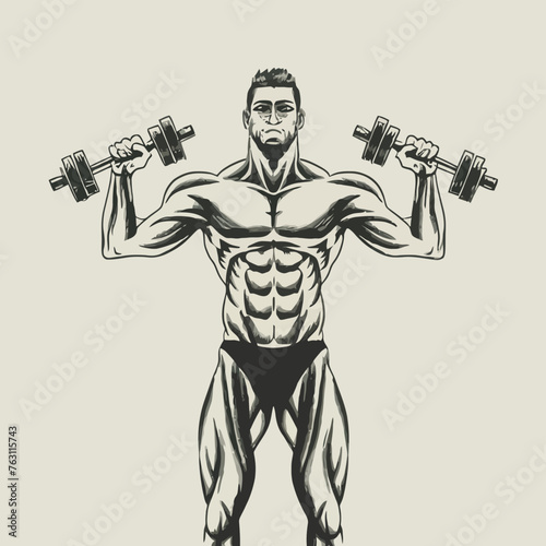red white black modern style minimalist lines of a strong muscle pose strong body builder anatomy man at gym with bundle Doing exercises in all body positions using different gym equipment