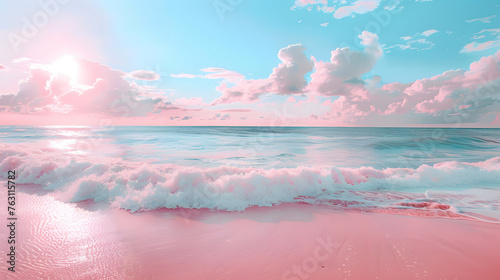 Pink coastal coast day view, with sunlight, summer, travel, dream place, paradise   © chui