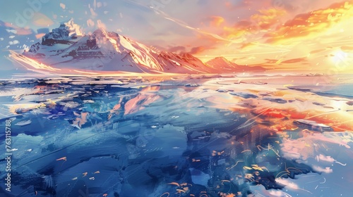 Digital art of a serene arctic landscape at sunset