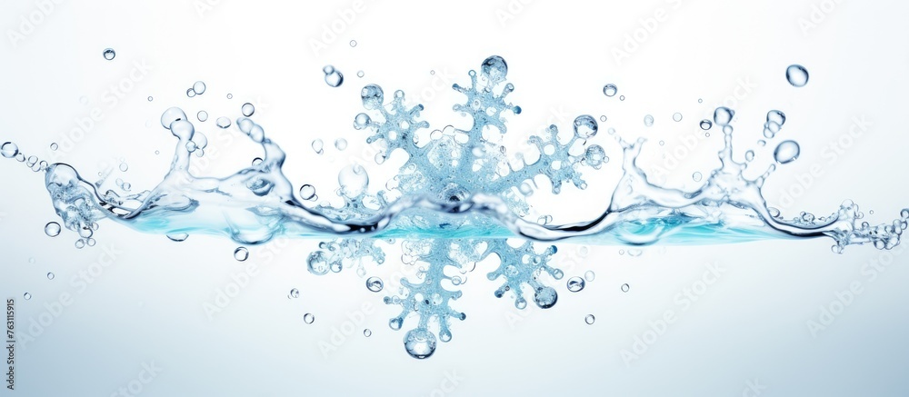 A snowflake gracefully drifts in a liquid splash, resembling a fluid piece of art in motion, creating a beautiful symmetrical event in the sky A snowflake gracefully drifts in a liquid splash, resembling a fluid piece of art in motion, creating a beautiful symmetrical event in the sky