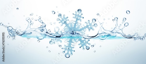 A snowflake gracefully drifts in a liquid splash, resembling a fluid piece of art in motion, creating a beautiful symmetrical event in the sky