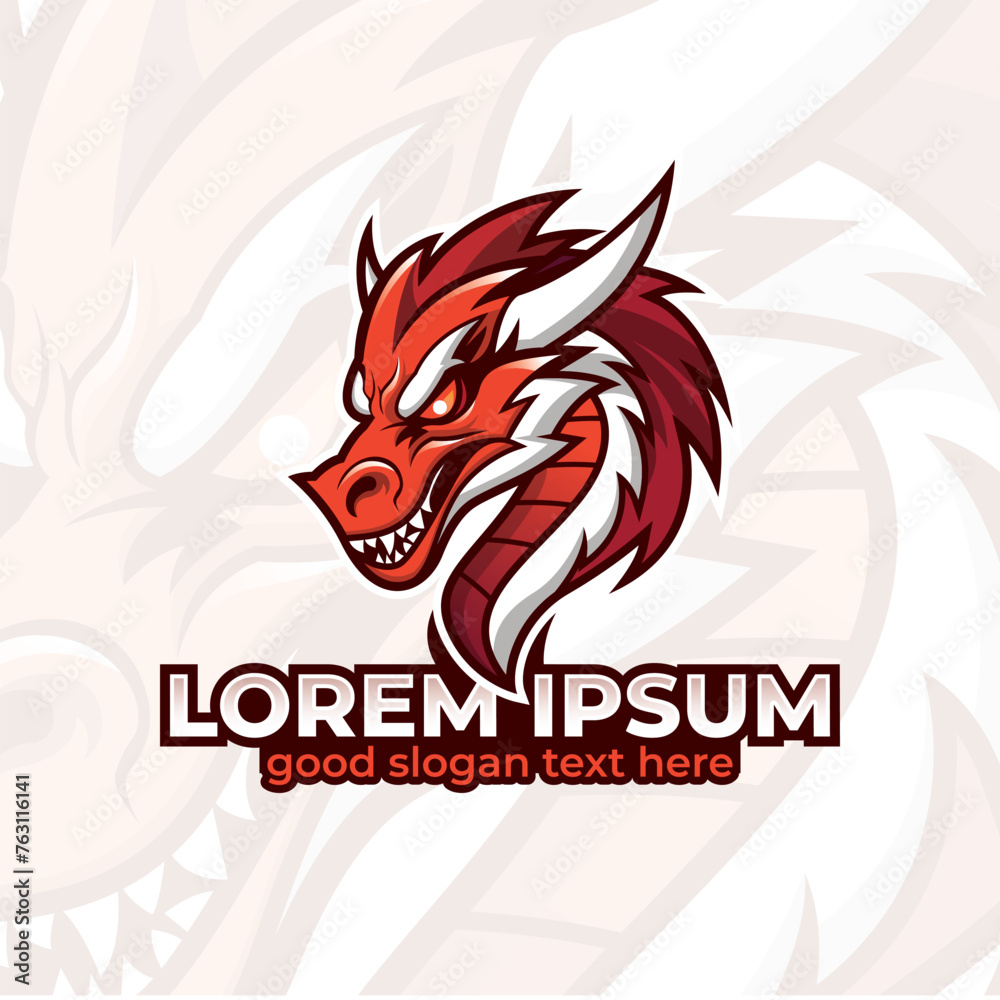 Red dragon mascot logo design, dragon esport gaming logo illustration, chinese red dragon vector