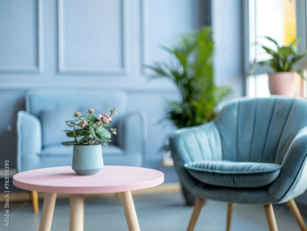 Obraz premium Relaxing atmosphere in psychotherapy room, modern office, nice interior, pastel calm colors, professional photo