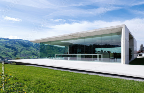 Beautiful modern house with glass walls overlooking the mountains of Switzerland
