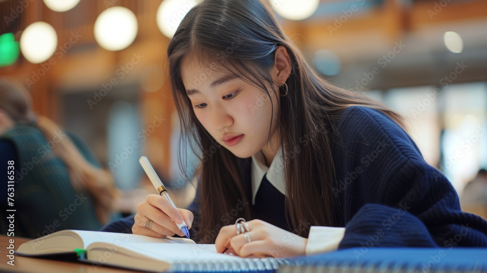 Fototapeta premium student is writing an exam in a classroom setting.
