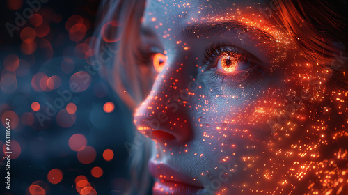 Close-up of woman digital eye with dot network flying through 3D rendering