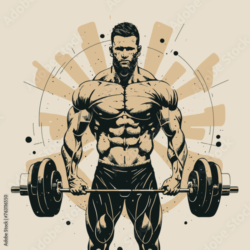 red white black modern style minimalist lines of a strong muscle pose strong body builder anatomy man at gym with bundle Doing exercises in all body positions using different gym equipment