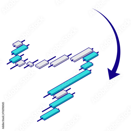 下落チャートのアイソメトリックイラスト。FX、投資素材、上面法、主線あり。