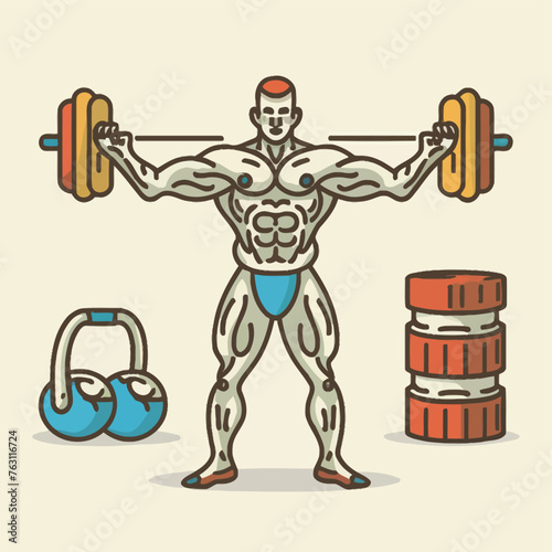 red white black modern style minimalist lines of a strong muscle pose strong body builder anatomy man at gym with bundle Doing exercises in all body positions using different gym equipment