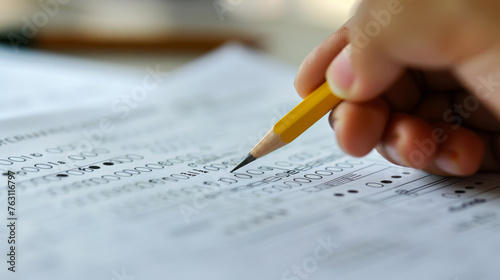 A hand with a pencil filling in a bubble sheet for a test.