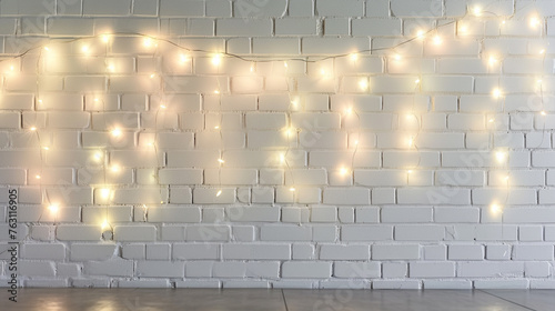 Minimalist white brick wall adorned with shimmering Christmas lights, perfect for . Generative Ai © Witri