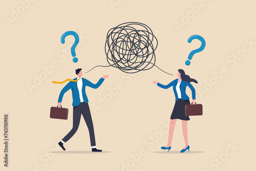 Communication problem, misunderstanding or confusion, mess or chaos communicate, conflict opinion, discussion or meeting conversation concept, business people colleagues communicate with messy line.