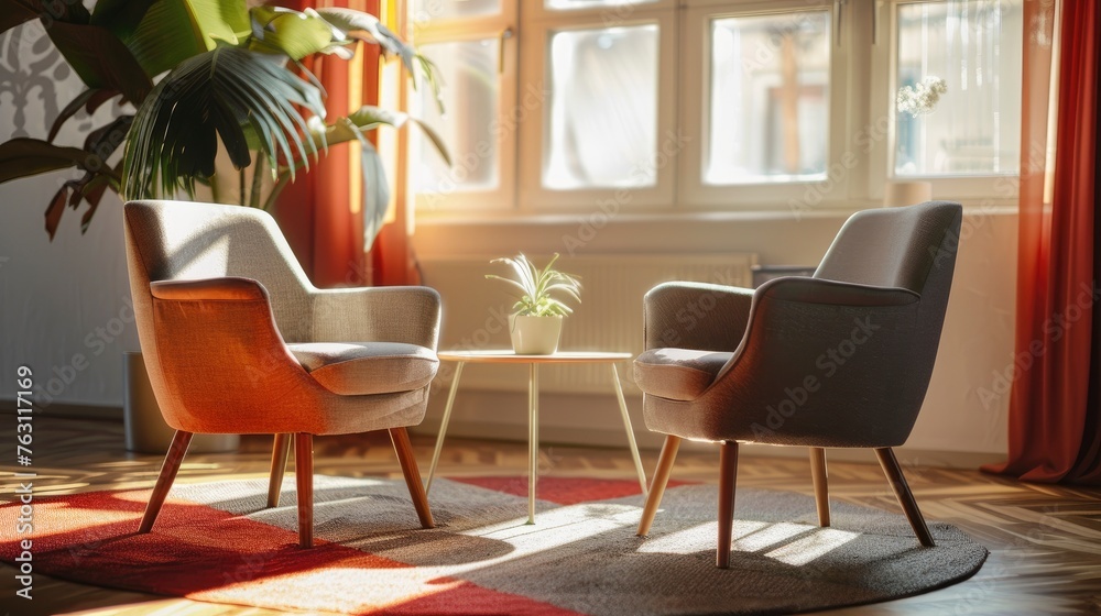 Fototapeta premium Two chairs in psychotherapy room, modern office, nice interior, professional photo, interior photo, sharp focus, blank space for text