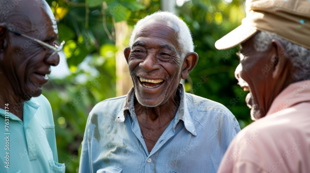 Obraz premium Senior men with smiles engage in a card game outdoors.