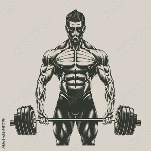 red white black modern style minimalist lines of a strong muscle pose strong body builder anatomy man at gym with bundle Doing exercises in all body positions using different gym equipment