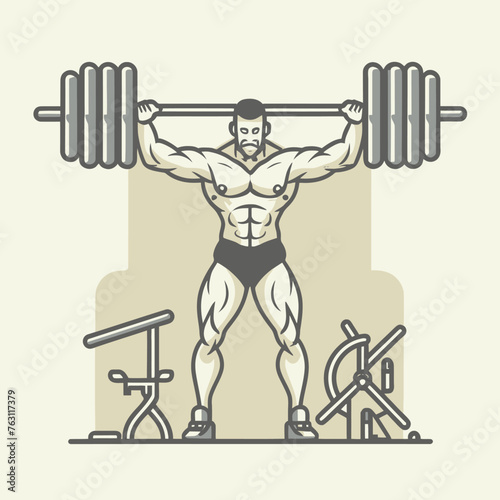 red white black modern style minimalist lines of a strong muscle pose strong body builder anatomy man at gym with bundle Doing exercises in all body positions using different gym equipment