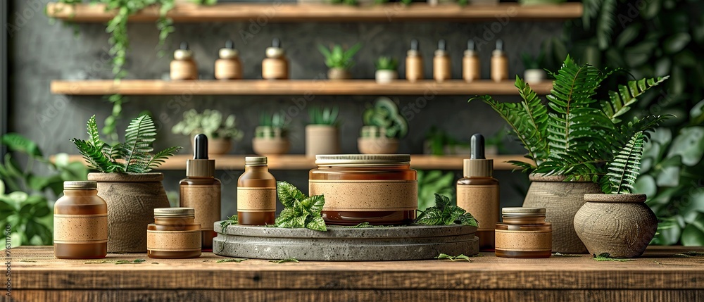 Front view, 3D design of an eco-friendly cosmetics set, biodegradable packaging, high-resolution Front view, 3D design of an eco-friendly cosmetics set, biodegradable packaging, high-resolution
