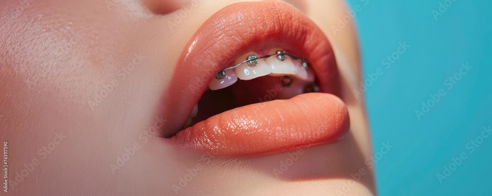 Naklejka premium Woman with braces on her teeth undergoing orthodontic treatment, beautiful smile, procedure in progress, perfect teeth, lush woman lips, professional photography