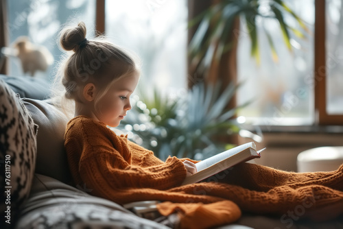 Little girl sitting on couch reading book