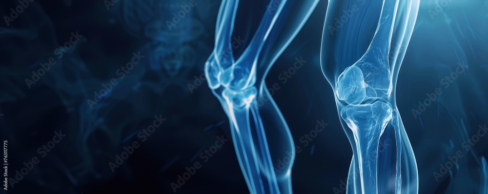 X-ray of a human knee, 3D render, medical advertisement banner, free space for text X-ray of a human knee, 3D render, medical advertisement banner, free space for text