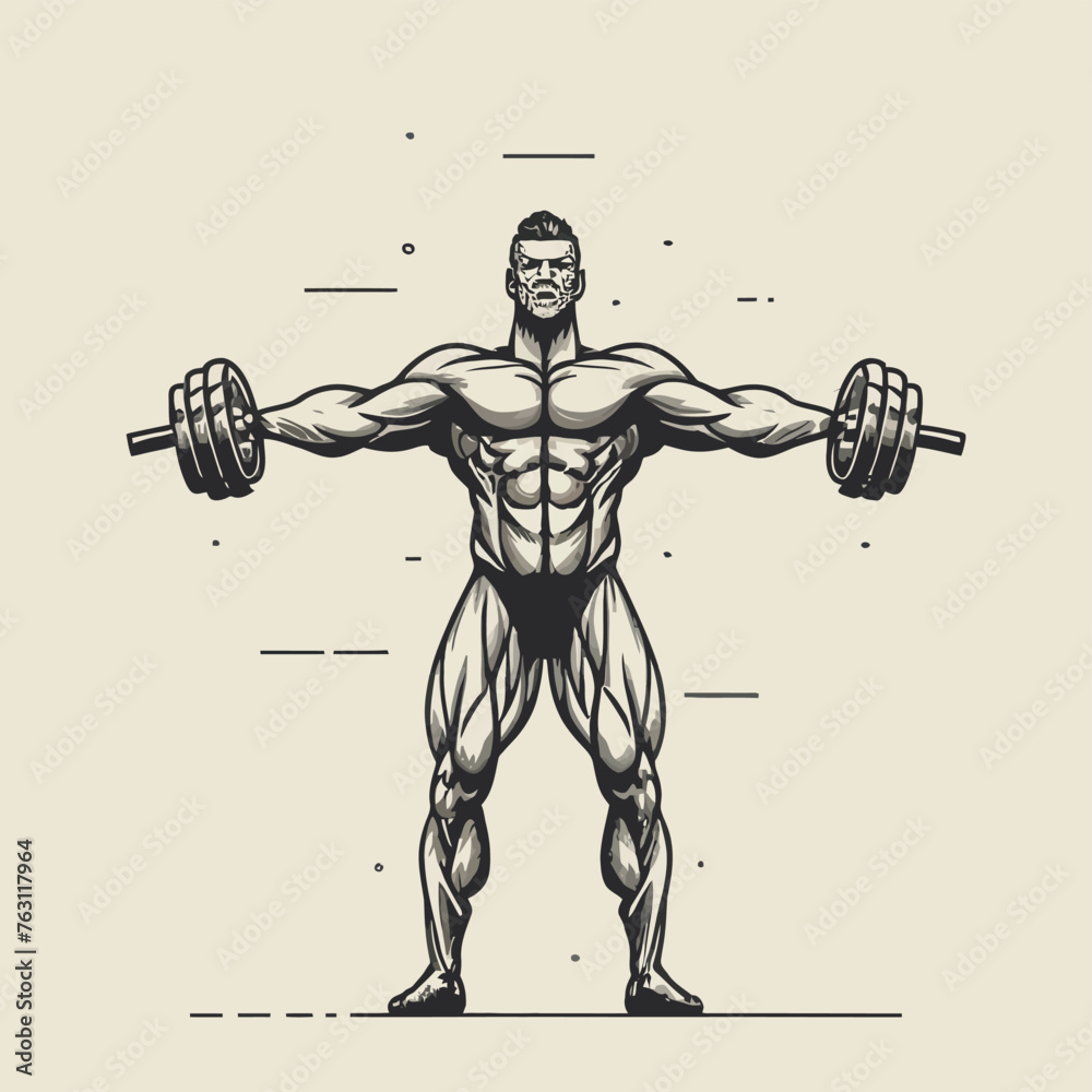 red white black modern style minimalist lines of a strong muscle pose strong body builder anatomy man at gym with bundle Doing exercises in all body positions using different gym equipment red white black modern style minimalist lines of a strong muscle pose strong body builder anatomy man at gym with bundle Doing exercises in all body positions using different gym equipment