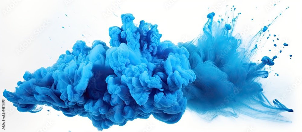 An electric blue cumulus cloud floats on a canvas of white, resembling a plant pattern in a blue smoke art display An electric blue cumulus cloud floats on a canvas of white, resembling a plant pattern in a blue smoke art display