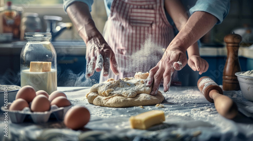 A child and adult knead dough together on a flour-dusted surface with baking ingredients around.