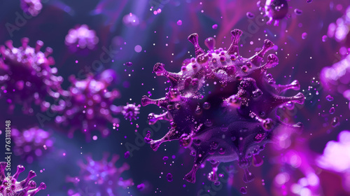 Purple spherical structures representing microscopic pathogens.