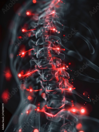 X-ray of a human's back, with red markings of pain hotspots, 3D render, medical advertisement banner, free space for text