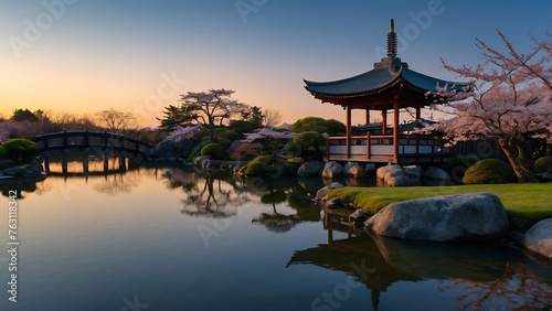 Japanese garden with cherry blossoms and pond at sunset © ASGraphicsB24