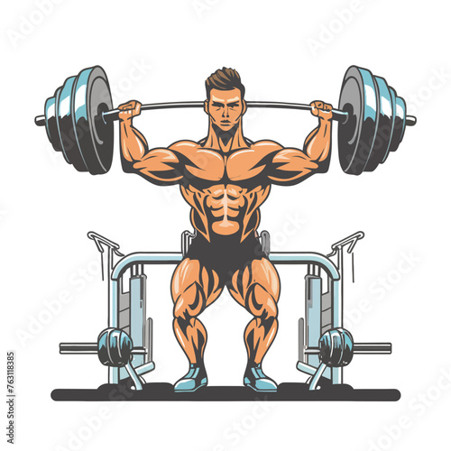 red white black modern style minimalist lines of a strong muscle pose strong body builder anatomy man at gym with bundle Doing exercises in all body positions using different gym equipment