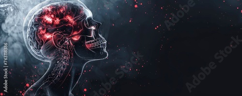 X-ray of a human's head, with red markings of pain hotspots, 3D render, medical advertisement banner, free space for text