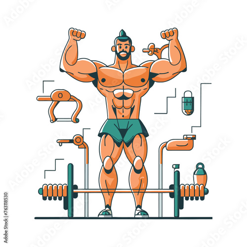 red white black modern style minimalist lines of a strong muscle pose strong body builder anatomy man at gym with bundle Doing exercises in all body positions using different gym equipment