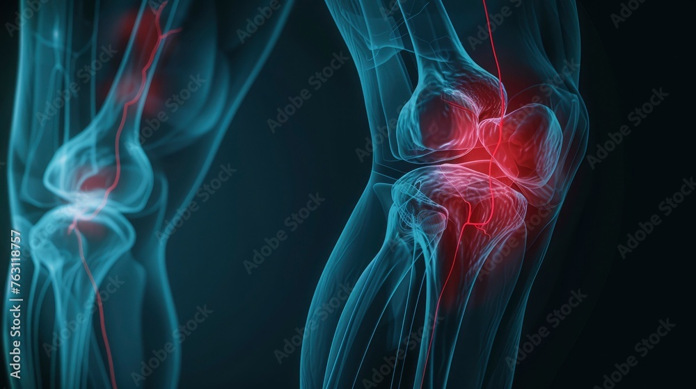 X-ray of a man's knee, with red markings of pain hotspots, 3D render, medical advertisement banner, free space for text