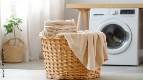 Clothes in laundry basket isolated in bathroom background.