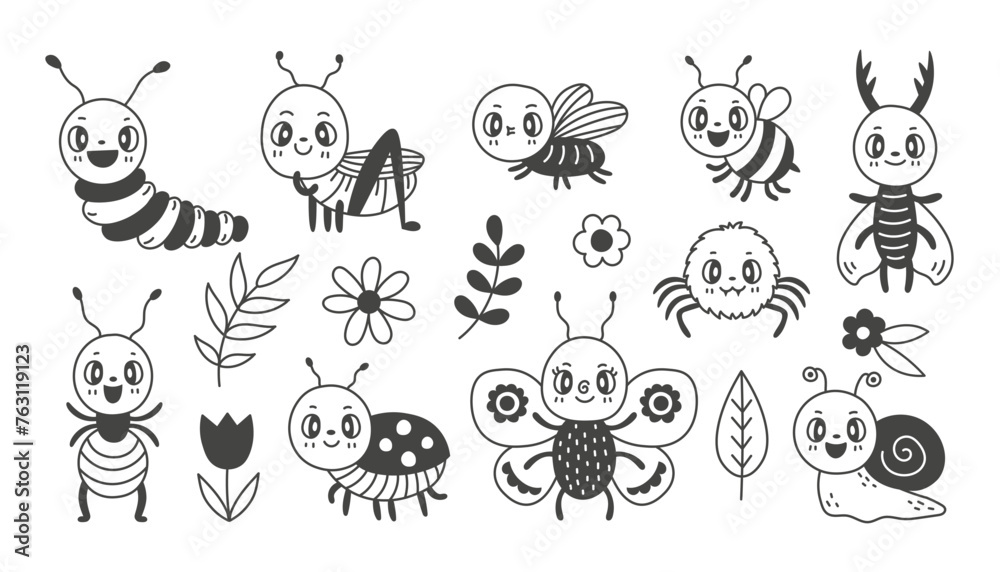 Happy Insect Outline Cute insect characters set with leaves and flowers in doodle style ...