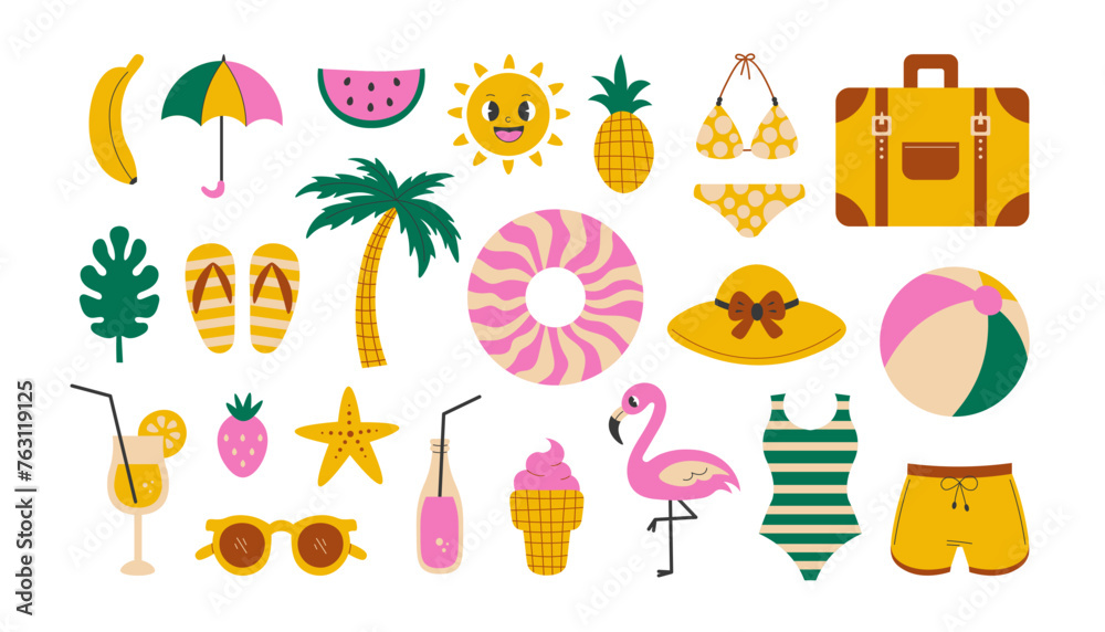 Summer vacation vector set. Collection of hand drawn illustrations. Modern colorful beach rest elements and symbols. Trave tourism journey seasonal holidays clipart.