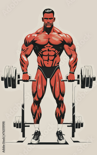 red white black modern style minimalist lines of a strong muscle pose strong body builder anatomy man at gym with bundle Doing exercises in all body positions using different gym equipment