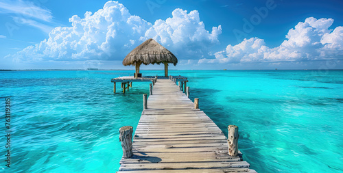 A beautiful pier with wooden planks extending into the turquoise ocean, surrounded by white clouds in the blue sky above it